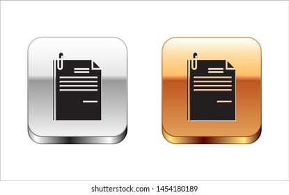 Black File document and paper clip icon isolated on white background. Checklist icon. Business concept. Silver-gold square button. Vector Illustration