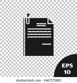 Black File document and paper clip icon isolated on transparent background. Checklist icon. Business concept.  Vector Illustration