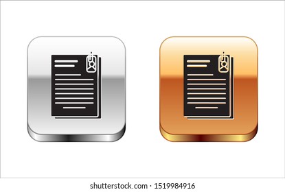 Black File document and paper clip icon isolated on white background. Checklist icon. Business concept. Silver-gold square button. Vector Illustration