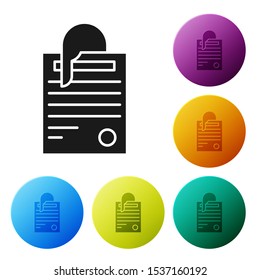 Black File document and paper clip icon isolated on white background. Checklist icon. Business concept. Set icons colorful circle buttons. Vector Illustration