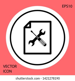 Black File document with screwdriver and wrench icon isolated on red background. Adjusting, service, setting, maintenance, repair, fixing. White circle button. Vector Illustration