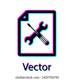 Black File document with screwdriver and wrench icon isolated on white background.  