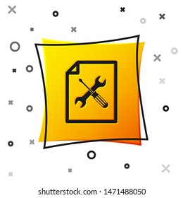 Black File document with screwdriver and wrench icon isolated on white background. Adjusting, service, setting, maintenance, repair, fixing. Yellow square button. Vector Illustration
