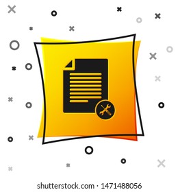 Black File document with screwdriver and wrench icon isolated on white background. Adjusting, service, setting, maintenance, repair, fixing. Yellow square button. Vector Illustration