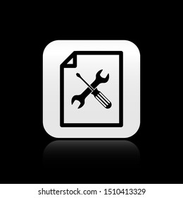 Black File document with screwdriver and wrench icon isolated on black background. Adjusting, service, setting, maintenance, repair, fixing. Silver square button. Vector Illustration