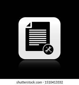 Black File document with screwdriver and wrench icon isolated on black background. Adjusting, service, setting, maintenance, repair, fixing. Silver square button. Vector Illustration