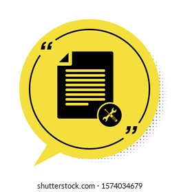 Black File document with screwdriver and wrench icon isolated on white background. Adjusting, service, setting, maintenance, repair, fixing. Yellow speech bubble symbol. Vector Illustration
