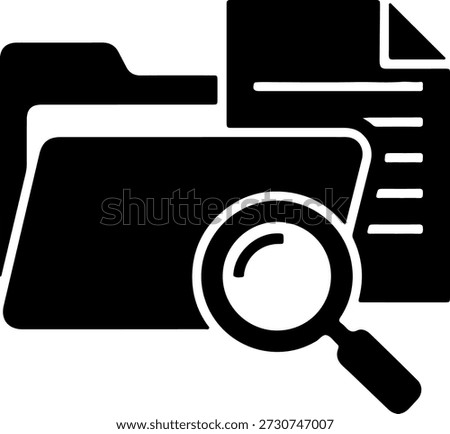 A black file folder icon with a magnifying glass on top, isolated on a pure white background, representing search and organization