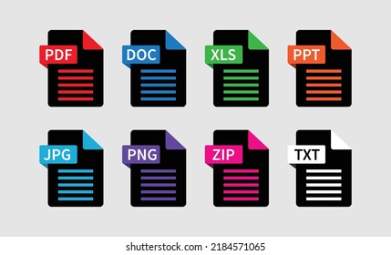 Symbole im Schwarzen Dateiformat. PDF, JPG, DOC, XLS, PNG, ZIP, PPT-Symbole
