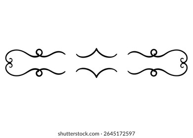 Black filigree vector illustration on white background features repeating swirls and decorative elements creating a horizontal design element.