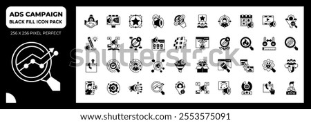 Black Fill icons pack about Ads Campaign. Contains such icons as branding,marketing, influencer and more.