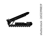 Black fill vector of a modern military missile transporter with launcher system, used in warfare or defense design concepts.