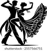  black fill vector silhouette of a couple dancing, isolated on white background