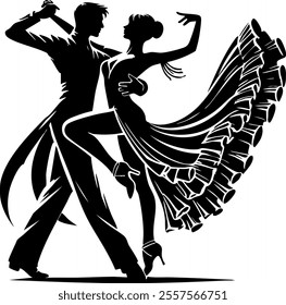  black fill vector silhouette of a couple dancing, isolated on white background