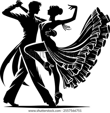  black fill vector silhouette of a couple dancing, isolated on white background