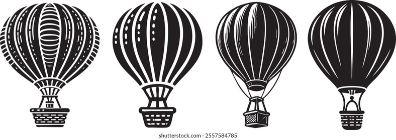 A black fill vector silhouette of a hot air balloon on a white background, Hot Air Balloon with Basket Line.