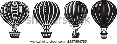 A black fill vector silhouette of a hot air balloon on a white background, Hot Air Balloon with Basket Line.
