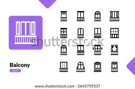 Black filled balcony icons in glyph style featuring multiple building facade balcony views for interface project mobile app housing platform or city property listing use