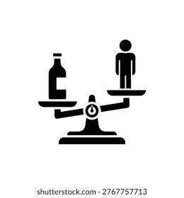 Black filled T‑scale with a bottle on one side and a person weighing more on the other, symbolizing that life and health outweigh alcohol in recovery. Used for decision‑making, values clarification, and motivational interviewing.