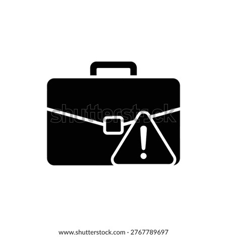 Black filled briefcase with a warning symbol (exclamation mark or triangle), representing legal action, lawsuits from creditors, and the threat of litigation in bankruptcy. Used for creditor lawsuits, legal jeopardy, and financial legal warnings.