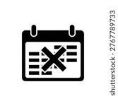 Black filled calendar showing split payment lines and a prominent cross mark, representing the collapse of structured debt repayment agreements, often preceding bankruptcy filing. Used for financial distress indicators and default awareness.