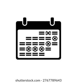 Black filled calendar with split payment lines and a cross mark, symbolizing missed payments, failed debt repayment plans, and default leading to bankruptcy. Used for delinquency, credit counseling, and payment default education.