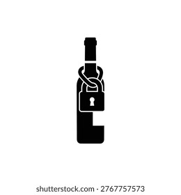 Black filled clean flat icon of a wine bottle secured with a heavy‑duty padlock around the neck, representing the decision to lock away alcohol for good. Used for recovery commitment, household safety, and addiction management.