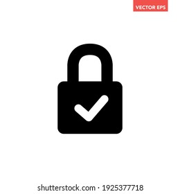 Black filled closed lock approved icon, simple safe password protection flat design pictogram vector for app ads web banner button ui ux interface elements isolated on white background