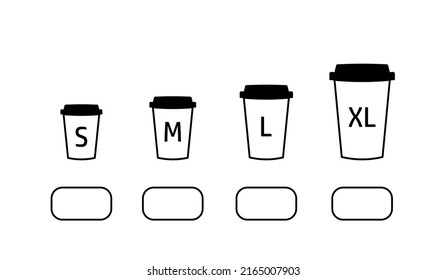 black filled coffee cup icons of small, large, medium and extra large size, vector flat paper cup for drink, take, takeaway, takeout, cafe menu illustration