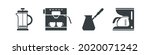 Black filled coffee maker and coffe pot vector icon set isolated on white transparent background. Cafe and coffee Symbols. 
