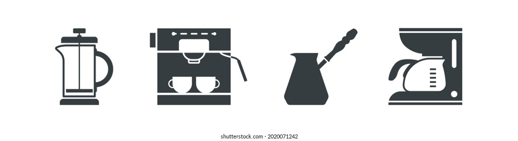 Black filled coffee maker and coffe pot vector icon set isolated on white transparent background. Cafe and coffee Symbols. 