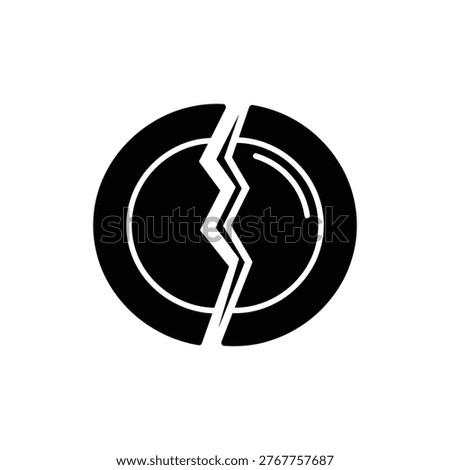 Black filled dinner plate cracked in half, symbolizing domestic strife, family conflict, and home instability due to alcoholism. Used for family counseling, domestic violence prevention, and household impact education.