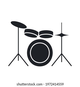 Black filled drum kit icon. Musical percussion instrument symbol isolated on transparent background.