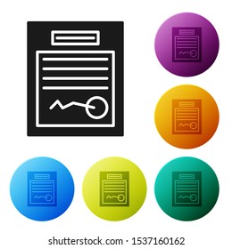 Black Filled form icon isolated on white background. File icon. Checklist icon. Business concept. Set icons colorful circle buttons. Vector Illustration