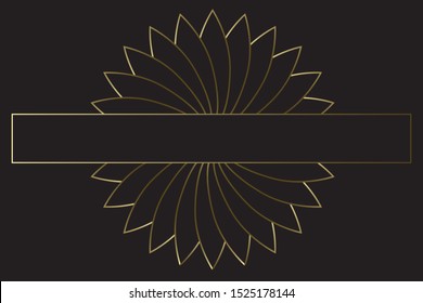 Black filled frame with golden metallic spiral shape. Template for invitation, card, voucher, luxury jewel shop, label, web page design, gift card, house decoration, luxury concept.