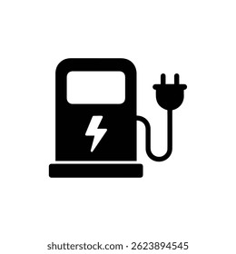 Black Filled Glyph Icon of EV Charger with Lightning Symbol