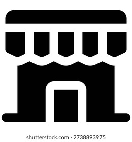 Black filled glyph of a storefront with awning. Clean retail and local business symbol for maps, directories, ecommerce, and marketplace visuals. Bold minimal style on white background.