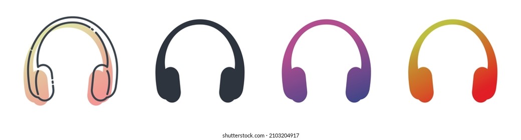 Black filled headphones vector icons set isolated on transparent background.