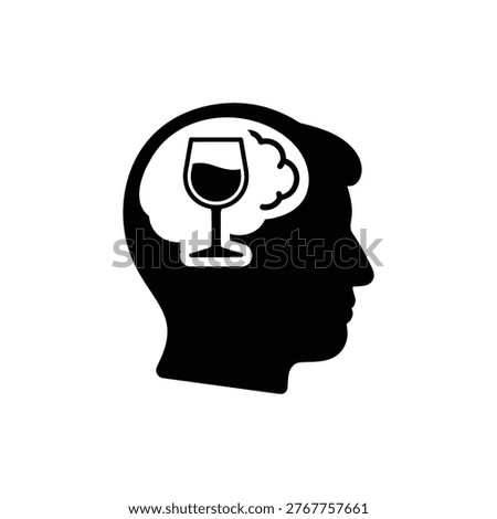 Black filled human head profile with a wine glass silhouette inside the brain area, representing the neurological craving surge experienced in alcoholism. Used for addiction education, craving management, and relapse prevention.
