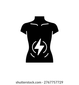 Black filled human torso with a lightning bolt over the stomach area, representing alcohol‑induced gastritis, ulcers, and digestive pain. Used for health education, physical consequences of drinking, and recovery motivation.
