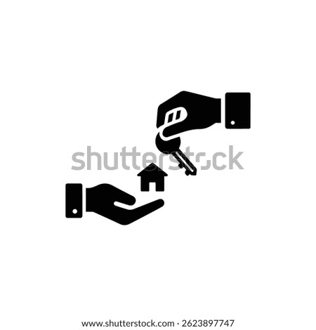 Black Filled Icon of Agent Hand Passing Key to Buyer, Real Estate Symbol