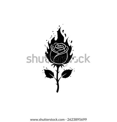 Black Filled Icon of Burning Rose in Graffiti Ink Splash Style, Artistic Symbol
