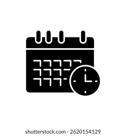 Black Filled Icon of Calendar with Clock Symbolizing Event Scheduling