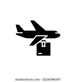 Black filled icon of a cargo plane flying with a package symbol