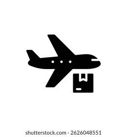 Black filled icon of a cargo plane with a package symbol