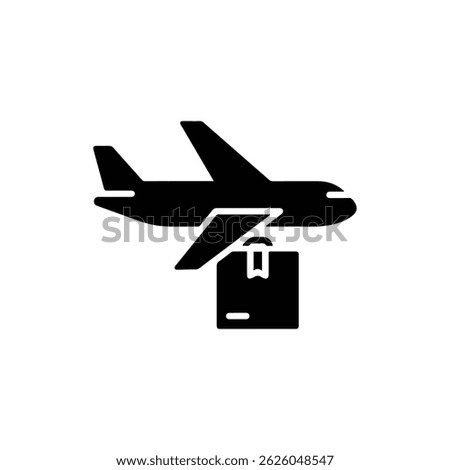 Black filled icon of a cargo plane flying with a package symbol