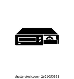 Ícone preto de um CD player com uma bandeja aberta