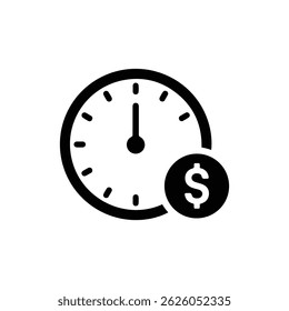 Black filled icon of a clock with hour hand as dollar sign