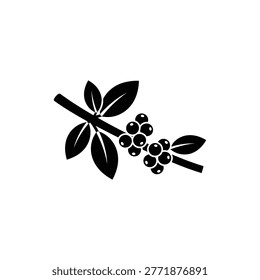 Black filled icon of coffee plant branch with leaves and cherries representing coffee cultivation.