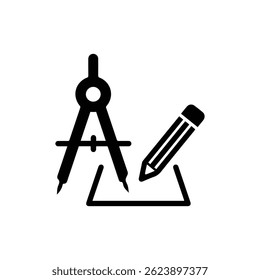 Black Filled Icon of Compass with Open Angle, Point and Pencil